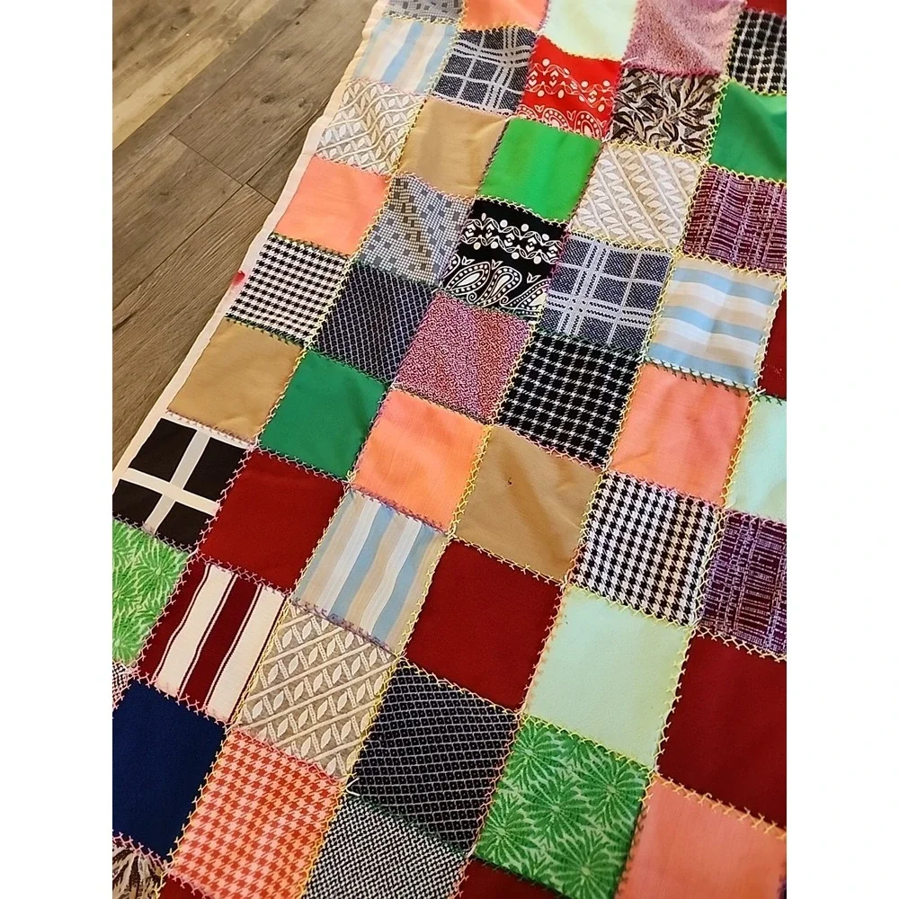 Vtg 60s 70s Patchwork squares Quilt Handmade Colorful Blanket 90
